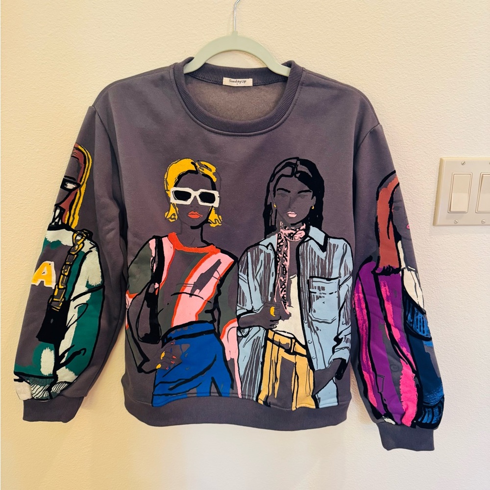 Sunday Up New Graphic Women Sweatershirt Gray with Multicolor Design